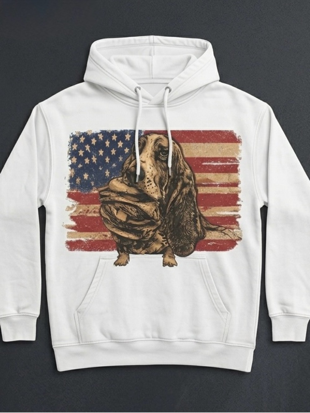 White Graphic Hoodie with American Flag and Basset Hound